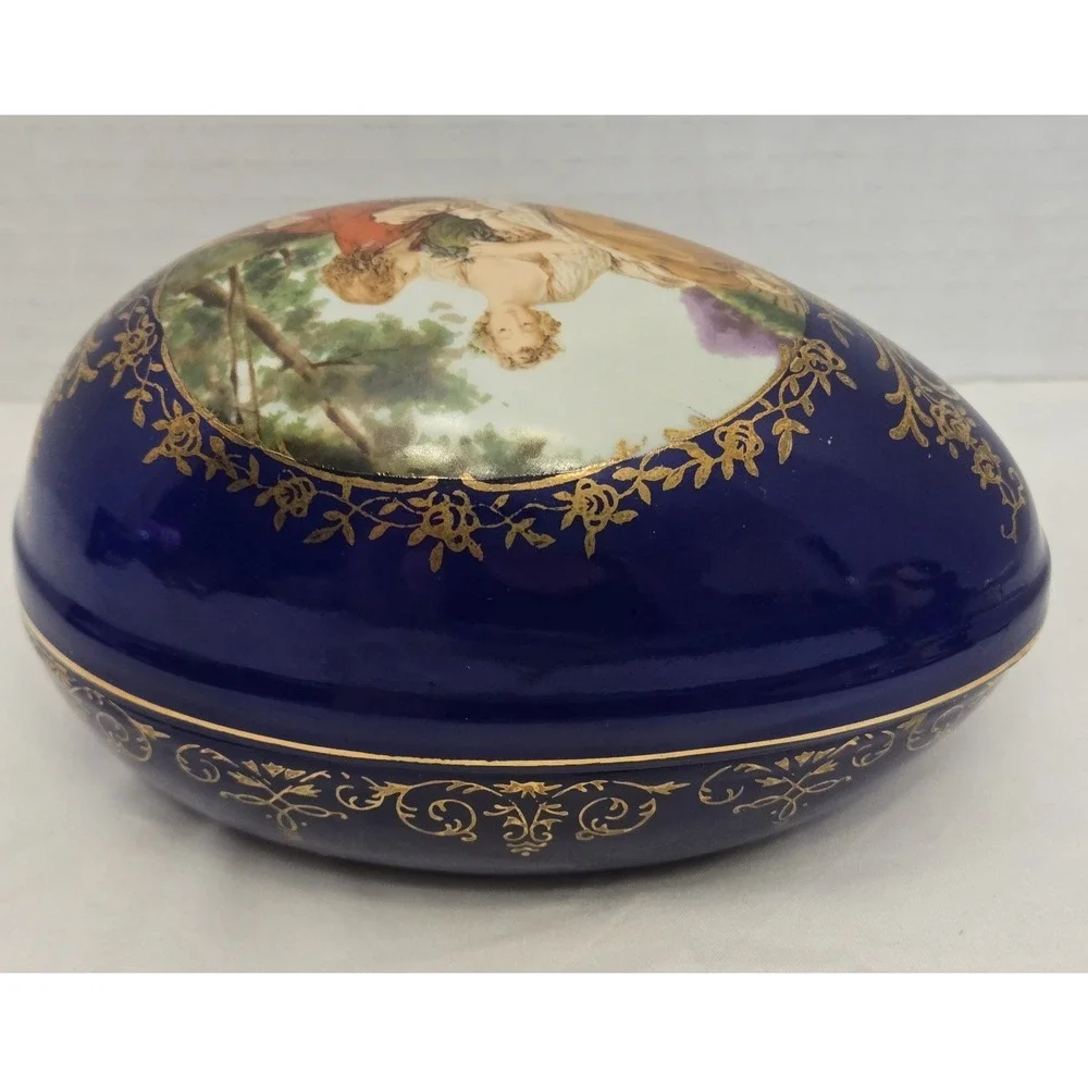 Vtg Cobalt Blue Porcelain Egg Trinket Box Romantic Courting Couple Gold Filagree